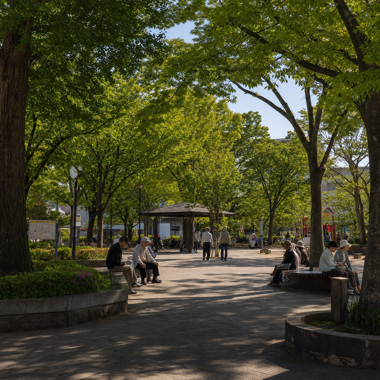 地域の公園で過ごす人々